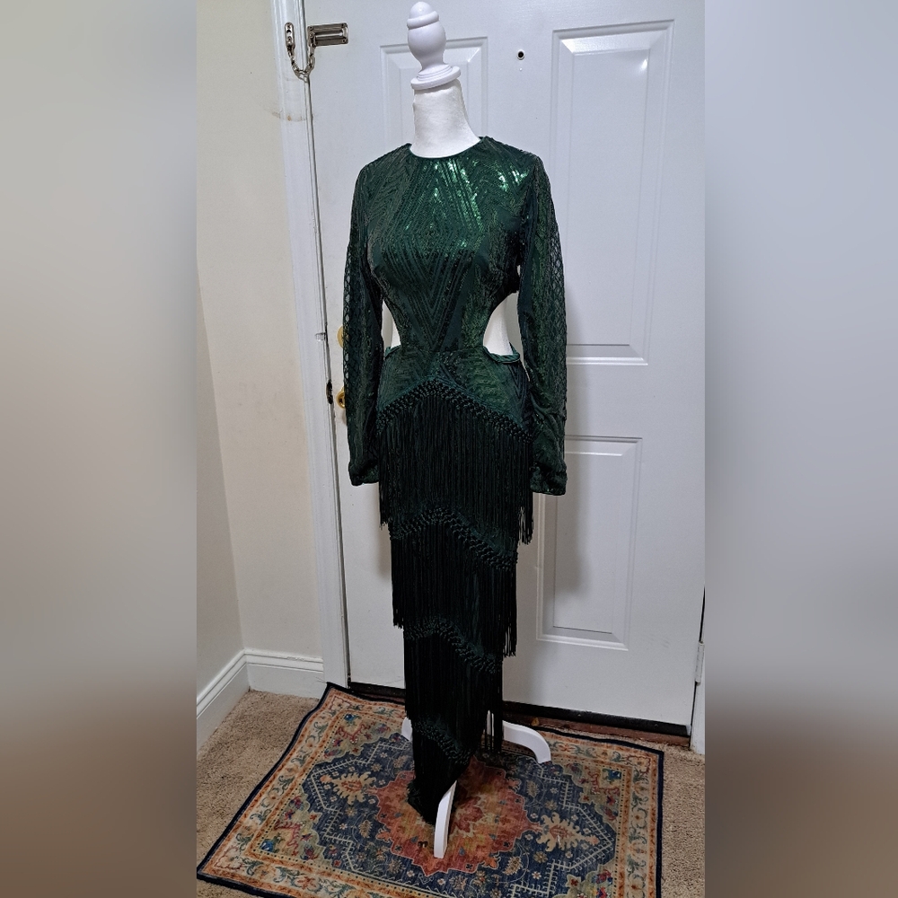 SHEIN Emerald Backless Dress with Fringe
